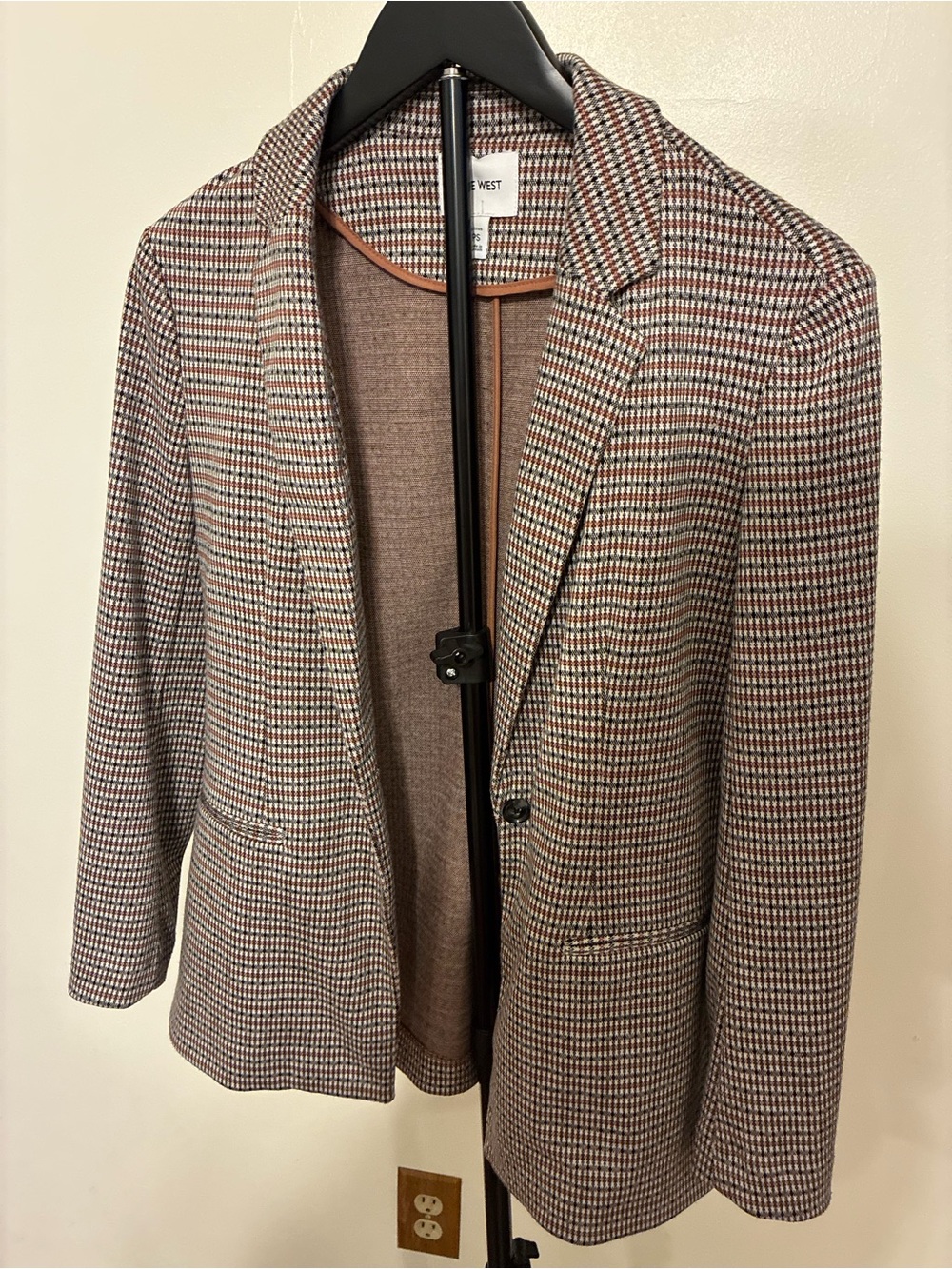 Nine West Petite Small Brown Black Houndstooth Plaid Blazer Jacket Career Fall